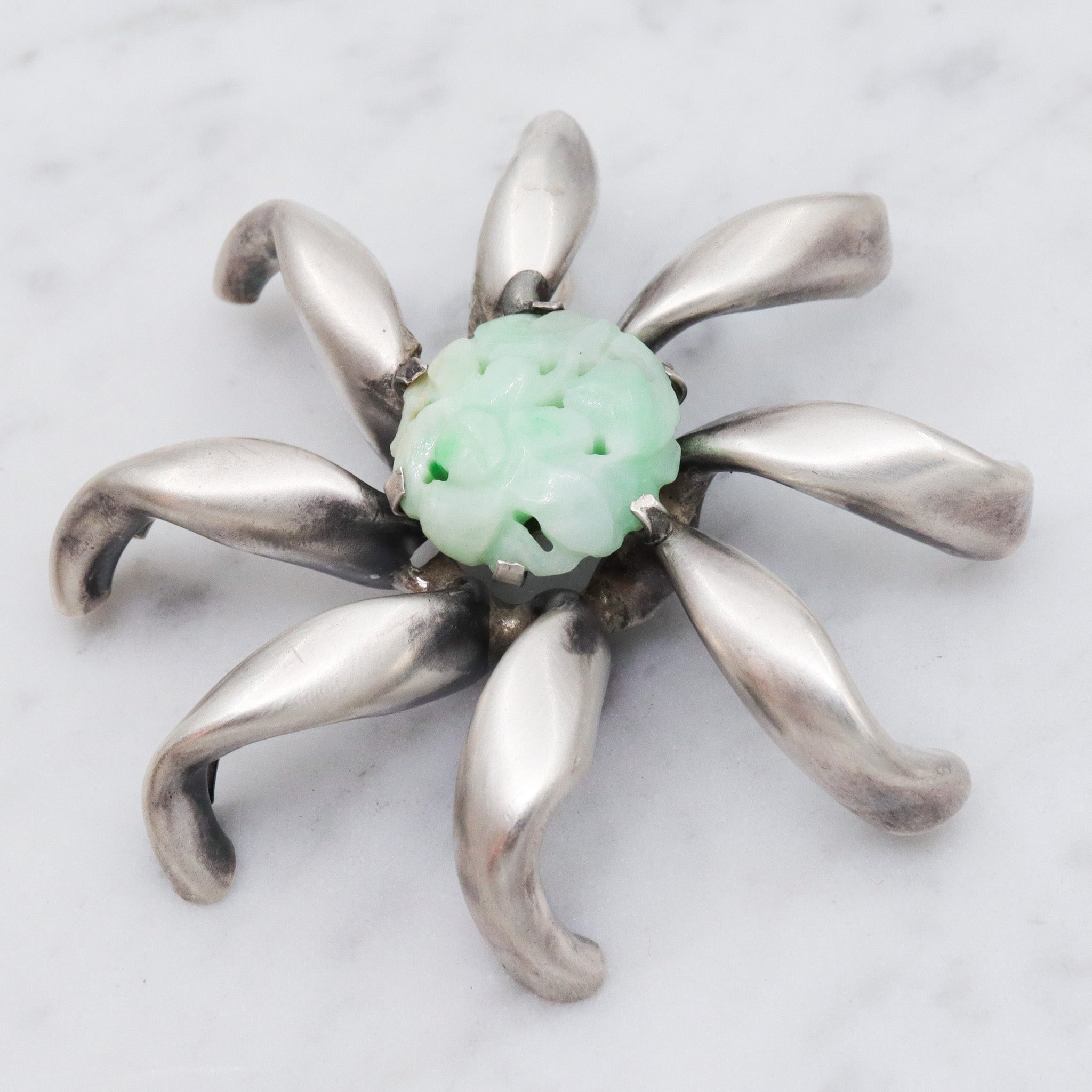 Antique Art Deco sterling silver Chinese carved jade flower pendant